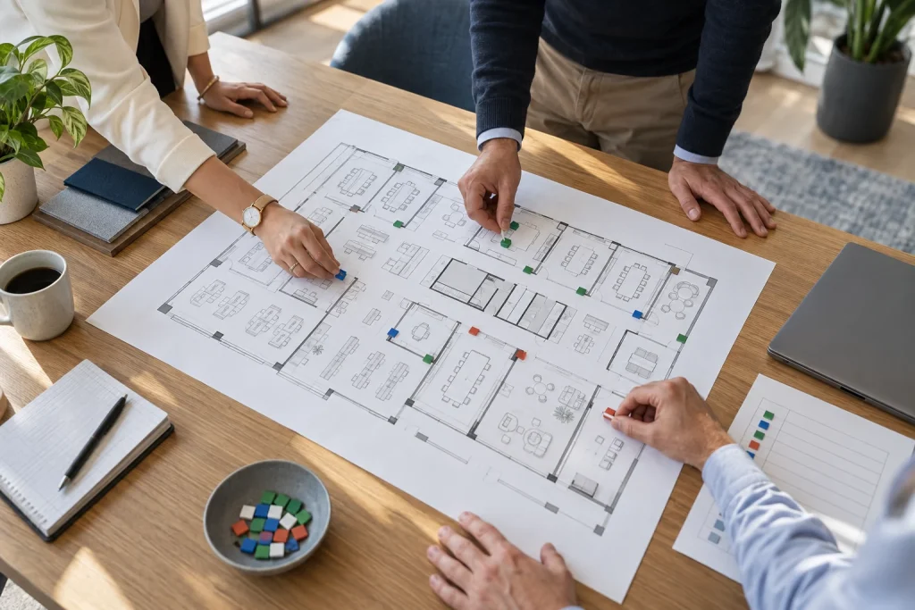 Room Scheduler Deployment Checklist: Preparing Your Office for Q-NEX CPL50 - Project team marking room scheduler locations on an office floor plan