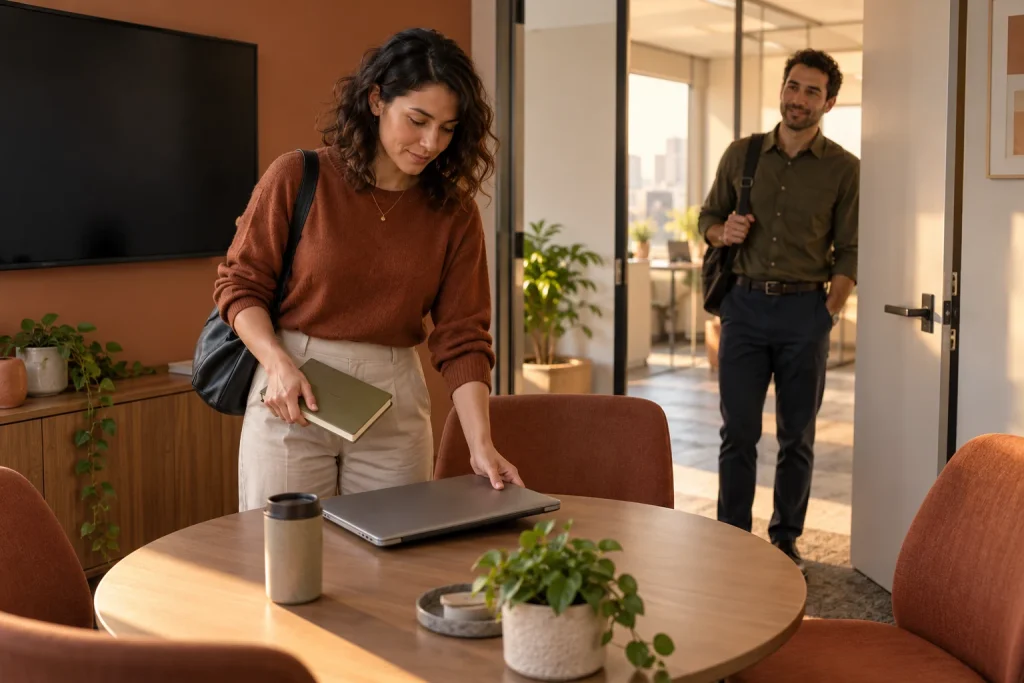 Huddle Room AV Solutions: Planning for Quick Team Collaboration - Colleague collecting a laptop before a huddle room handover