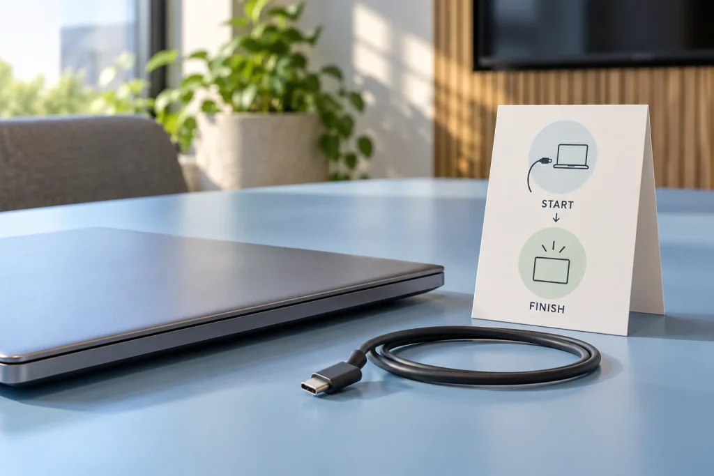 Huddle Room AV Solutions: Planning for Quick Team Collaboration - Laptop cable and start and finish guidance in a huddle room