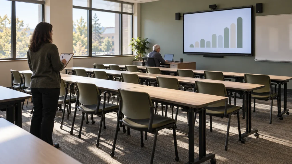 AV Equipment for Schools: How to Choose Compatible Equipment for Teaching Spaces - Teacher and IT coordinator checking a classroom display before acceptance