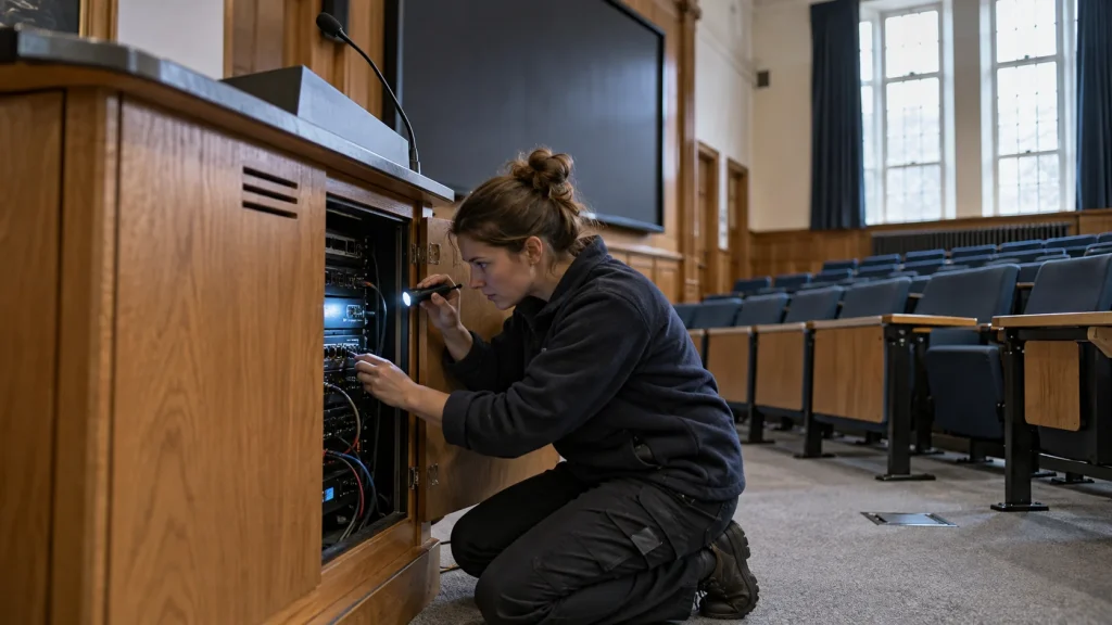 AV Equipment for Schools: How to Choose Compatible Equipment for Teaching Spaces - Technician inspecting existing classroom AV equipment before an upgrade