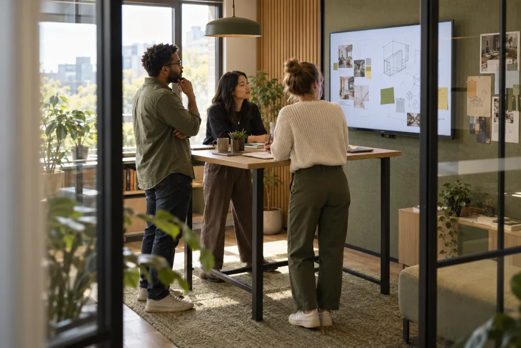 Huddle Room AV Solutions: Planning for Quick Team Collaboration - Three coworkers reviewing ideas in a compact huddle room