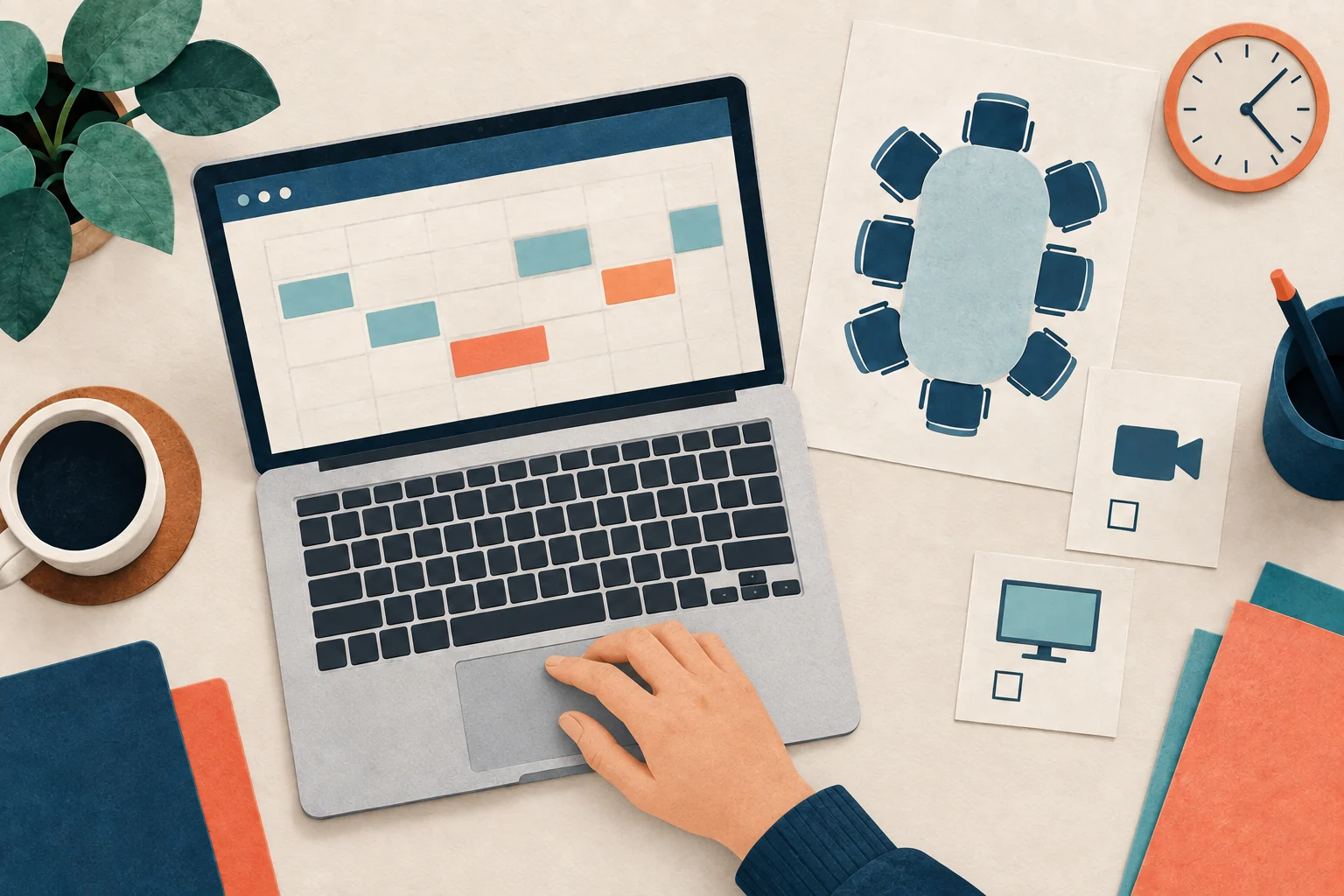 Meeting Room Booking Process: A Practical Workflow for Office Teams - Illustration of checking meeting time seating and equipment before booking