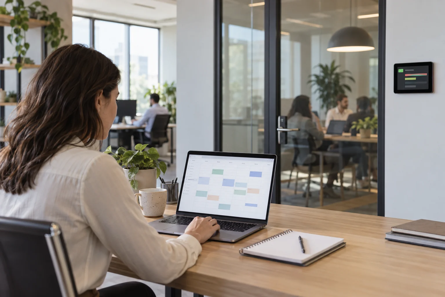 Using Q-NEX CPL50 with Microsoft 365: What to Know Before Integration - Employee reviewing an office calendar beside a meeting room