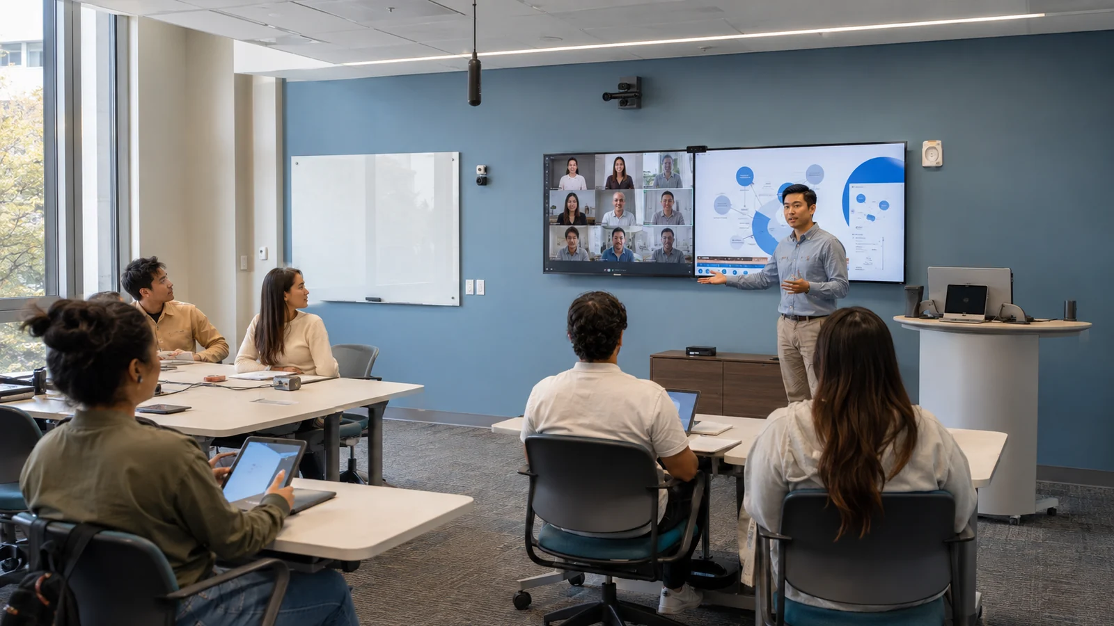 future of technology in the classroom shown through adaptable displays hybrid participation interactive content and centralized management