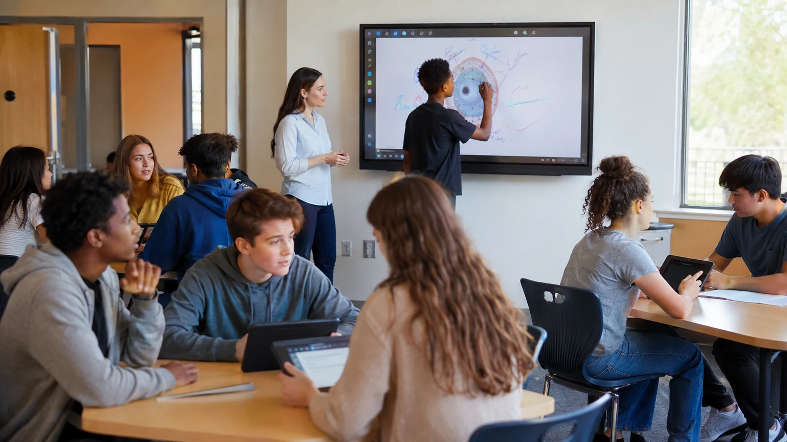 interactive technology in the classroom with a teacher and students using an interactive display tablets and group discussion