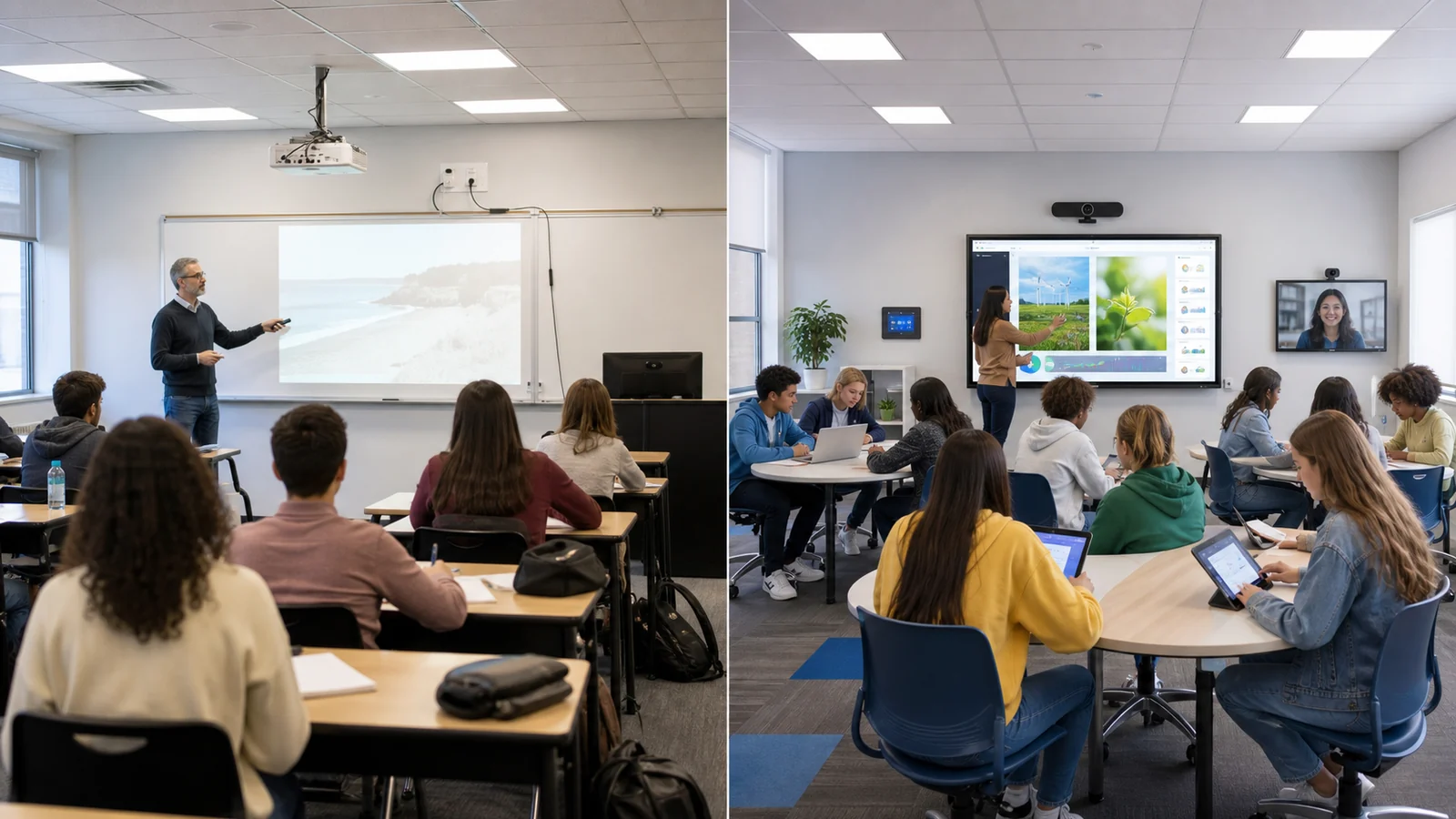 smart classroom vs traditional classroom comparison showing different teaching and technology workflows
